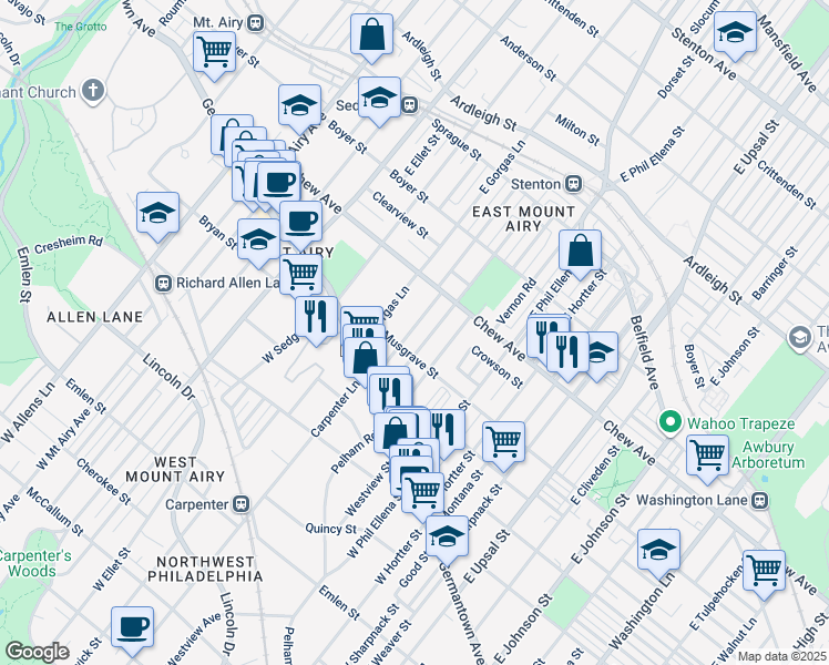map of restaurants, bars, coffee shops, grocery stores, and more near 124 Meehan Avenue in Philadelphia
