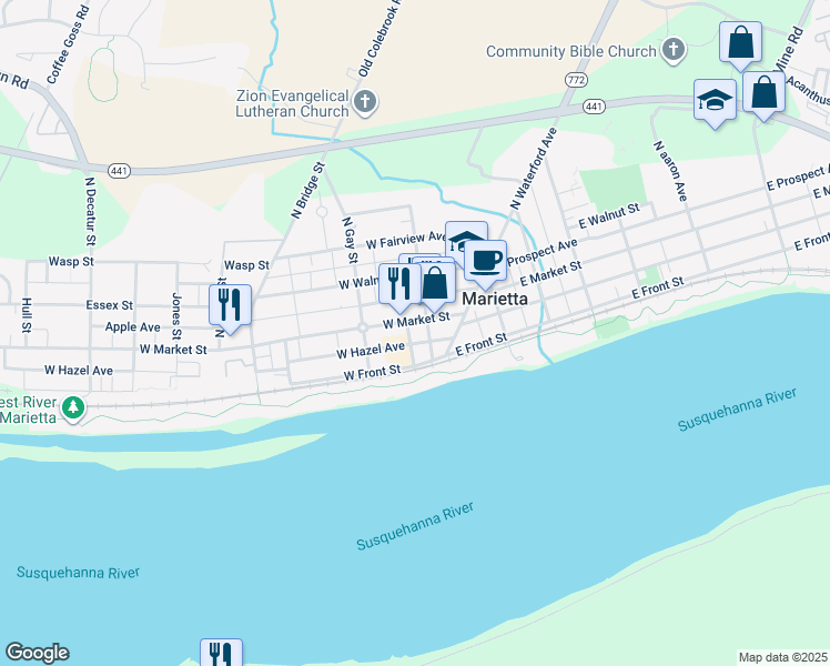 map of restaurants, bars, coffee shops, grocery stores, and more near 133 West Market Street in Marietta
