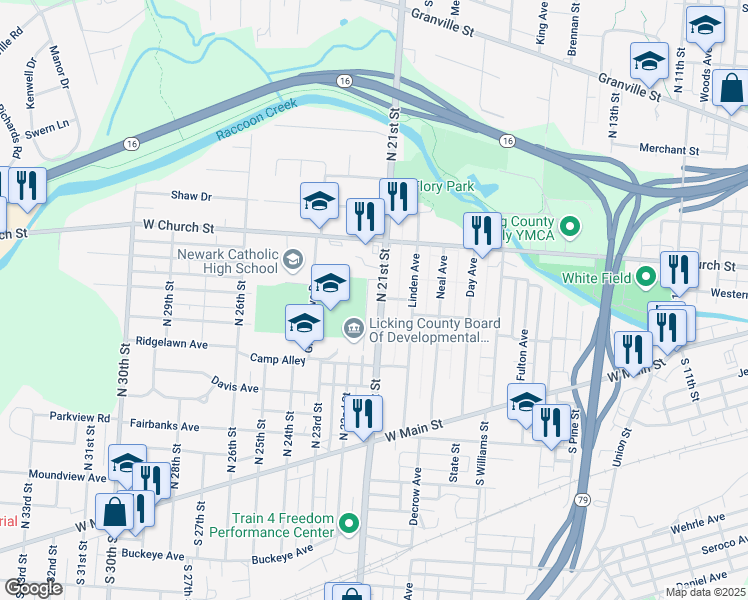 map of restaurants, bars, coffee shops, grocery stores, and more near 165 North 21st Street in Newark