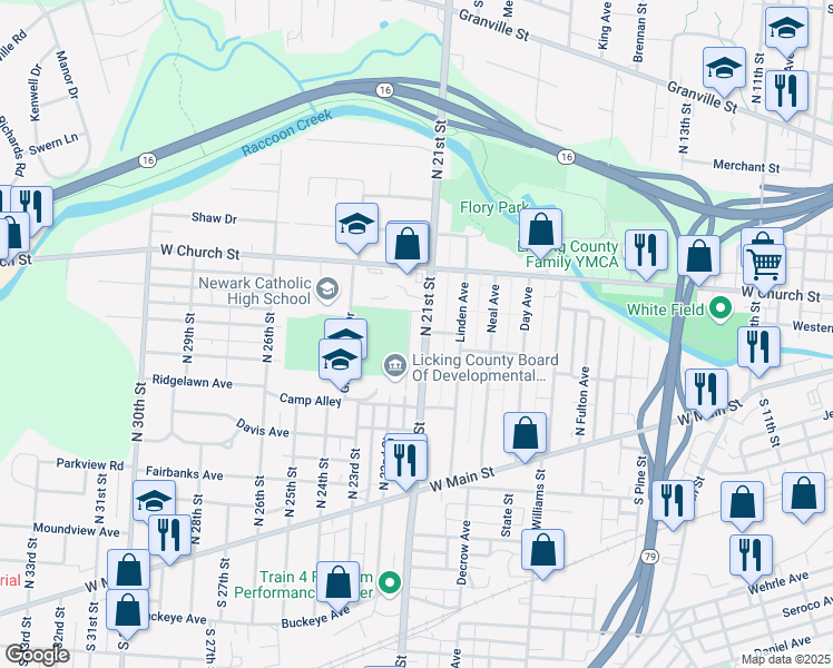 map of restaurants, bars, coffee shops, grocery stores, and more near 165 North 21st Street in Newark