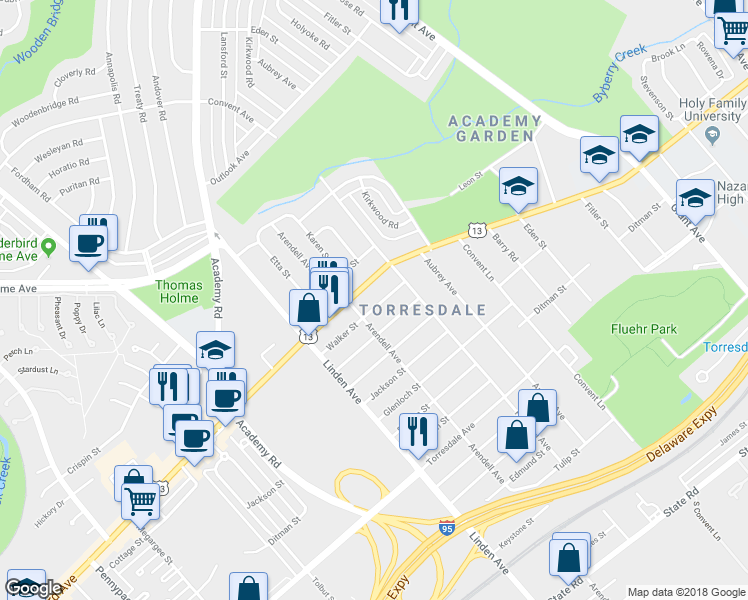 map of restaurants, bars, coffee shops, grocery stores, and more near 9318 Walker Street in Philadelphia