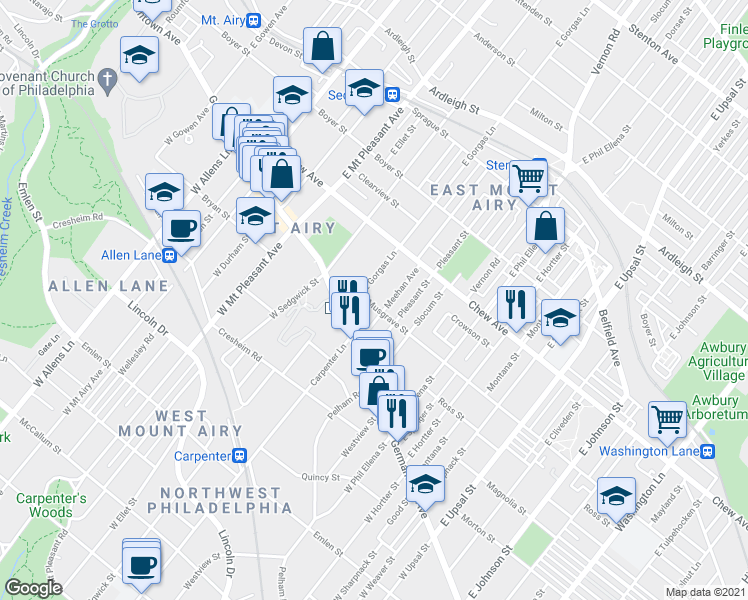 map of restaurants, bars, coffee shops, grocery stores, and more near 6835 Musgrave Street in Philadelphia
