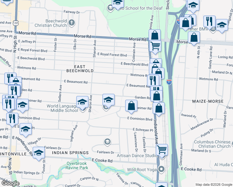 map of restaurants, bars, coffee shops, grocery stores, and more near 524 Garden Road in Columbus