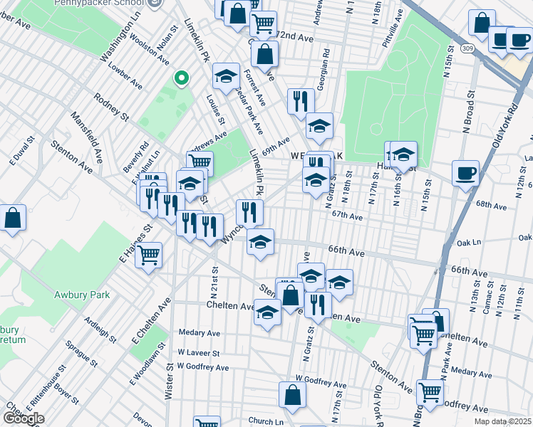 map of restaurants, bars, coffee shops, grocery stores, and more near 6644 North Opal Street in Philadelphia