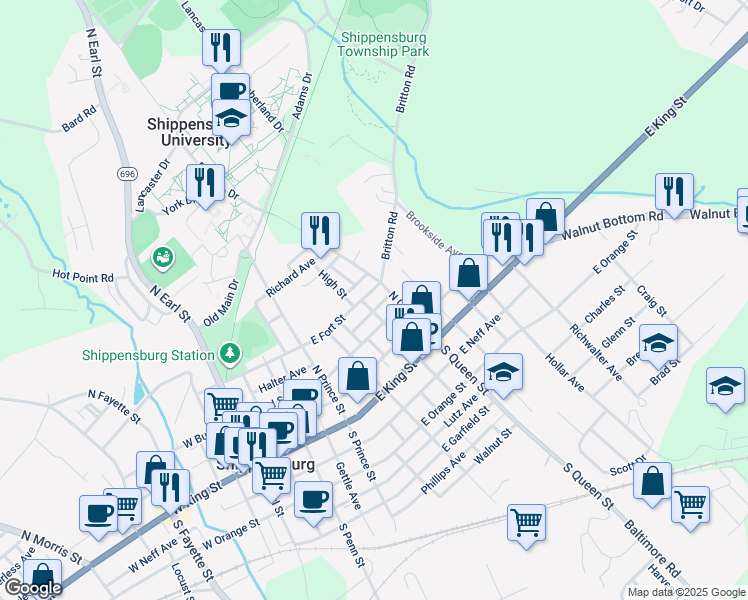 map of restaurants, bars, coffee shops, grocery stores, and more near 342 Fort St in Shippensburg
