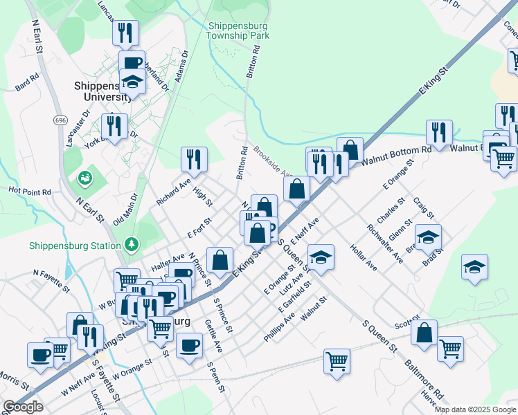 map of restaurants, bars, coffee shops, grocery stores, and more near 27 N Queen St in Shippensburg