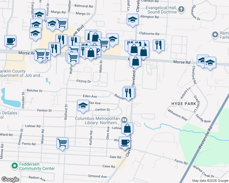 map of restaurants, bars, coffee shops, grocery stores, and more near 2298 Belcher Drive in Columbus