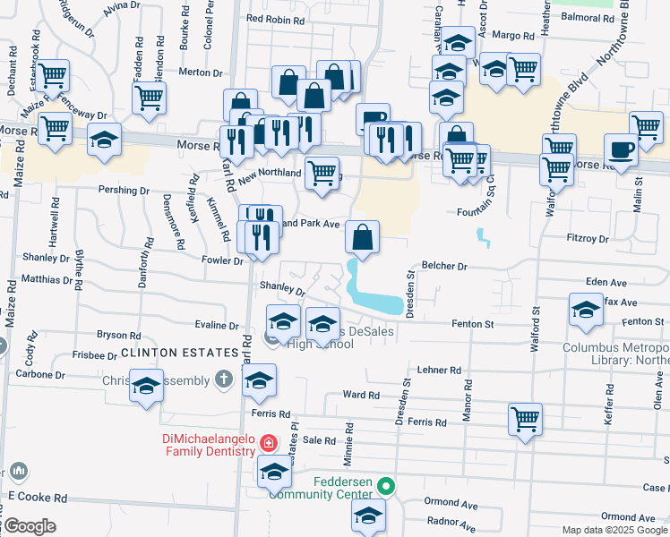 map of restaurants, bars, coffee shops, grocery stores, and more near 1711 Alona Drive in Columbus