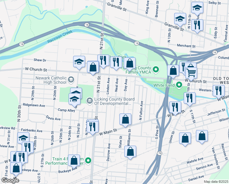 map of restaurants, bars, coffee shops, grocery stores, and more near 163 Neal Avenue in Newark