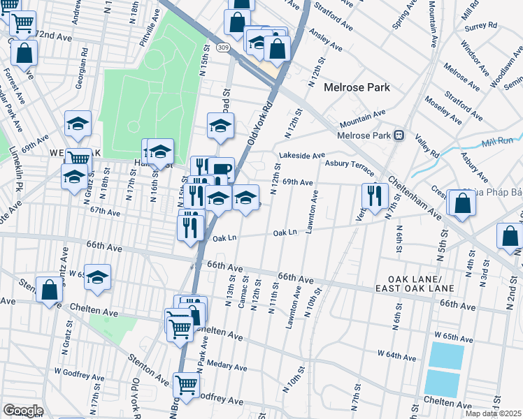 map of restaurants, bars, coffee shops, grocery stores, and more near 1208 68th Avenue in Philadelphia