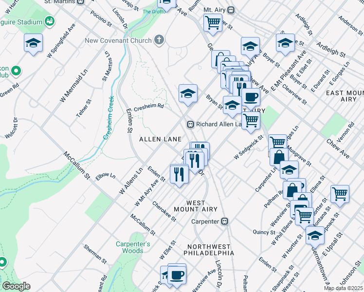 map of restaurants, bars, coffee shops, grocery stores, and more near 223 West Mount Airy Avenue in Philadelphia