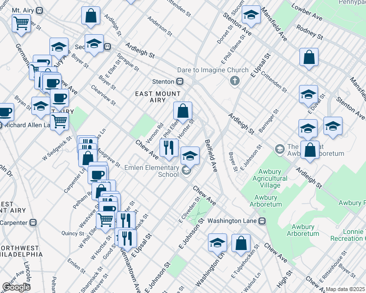 map of restaurants, bars, coffee shops, grocery stores, and more near 6624 Boyer Street in Philadelphia