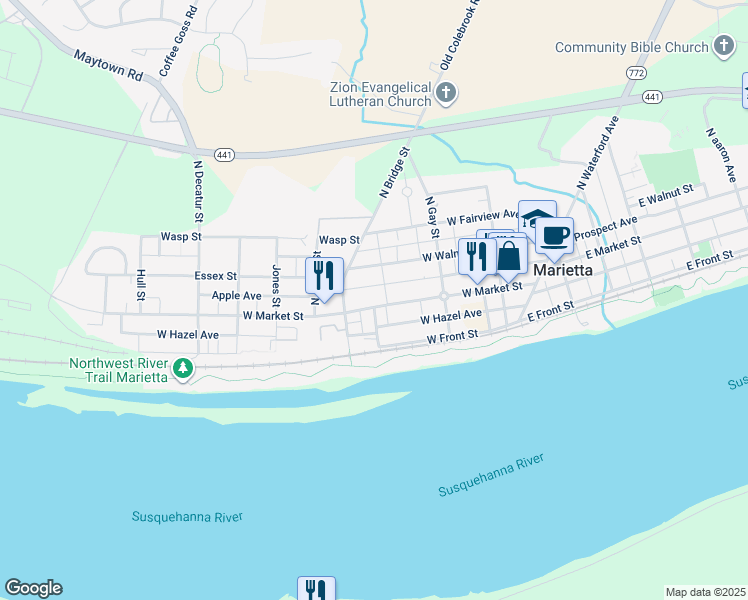 map of restaurants, bars, coffee shops, grocery stores, and more near 276 West Market Street in Marietta