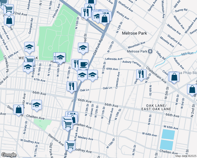 map of restaurants, bars, coffee shops, grocery stores, and more near 1208 68th Avenue in Philadelphia