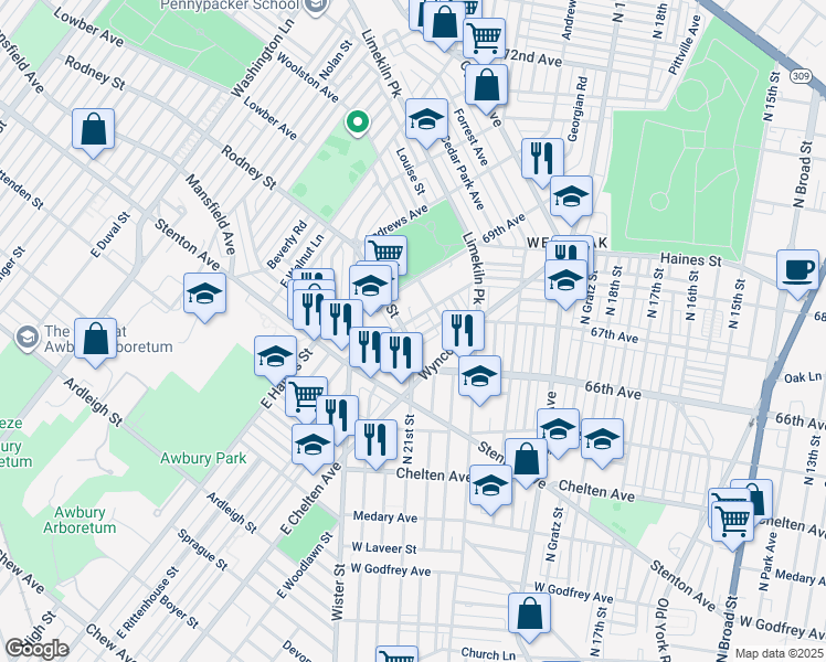 map of restaurants, bars, coffee shops, grocery stores, and more near 6707 North 21st Street in Philadelphia
