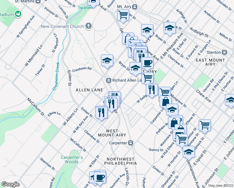 map of restaurants, bars, coffee shops, grocery stores, and more near 7120 Cresheim Road in Philadelphia