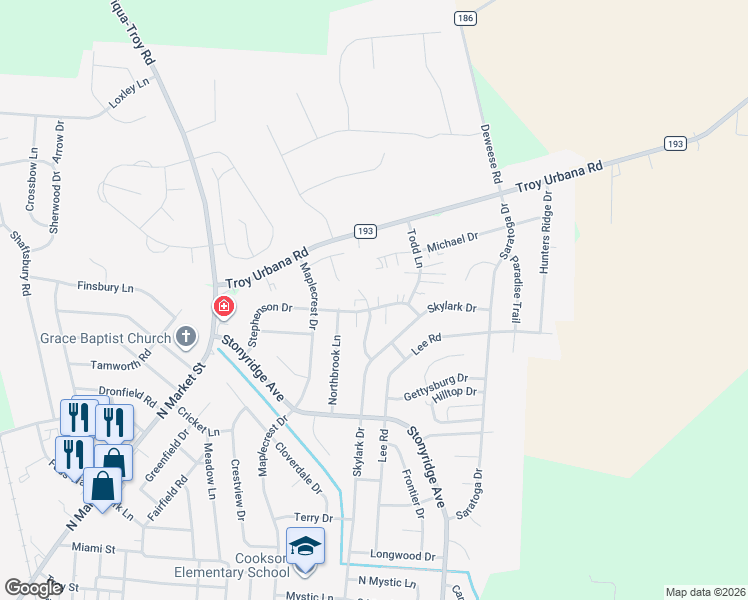 map of restaurants, bars, coffee shops, grocery stores, and more near 1135 Stephenson Drive in Troy