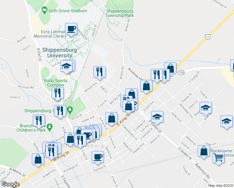 map of restaurants, bars, coffee shops, grocery stores, and more near 342 Fort St in Shippensburg