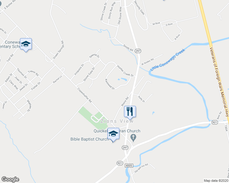 map of restaurants, bars, coffee shops, grocery stores, and more near 740 Kentwell Drive in York