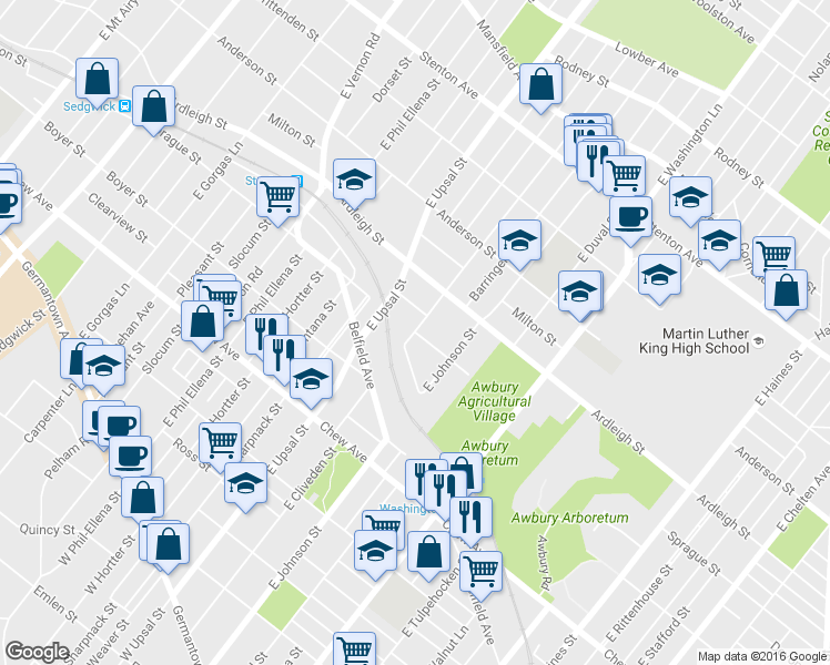 map of restaurants, bars, coffee shops, grocery stores, and more near 998 East Cliveden Street in Philadelphia