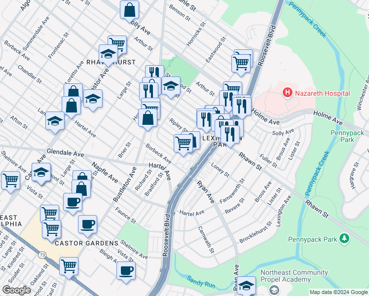 map of restaurants, bars, coffee shops, grocery stores, and more near 7833 Bradford Street in Philadelphia