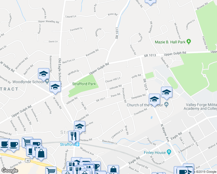map of restaurants, bars, coffee shops, grocery stores, and more near 120 Hillside Road in Wayne