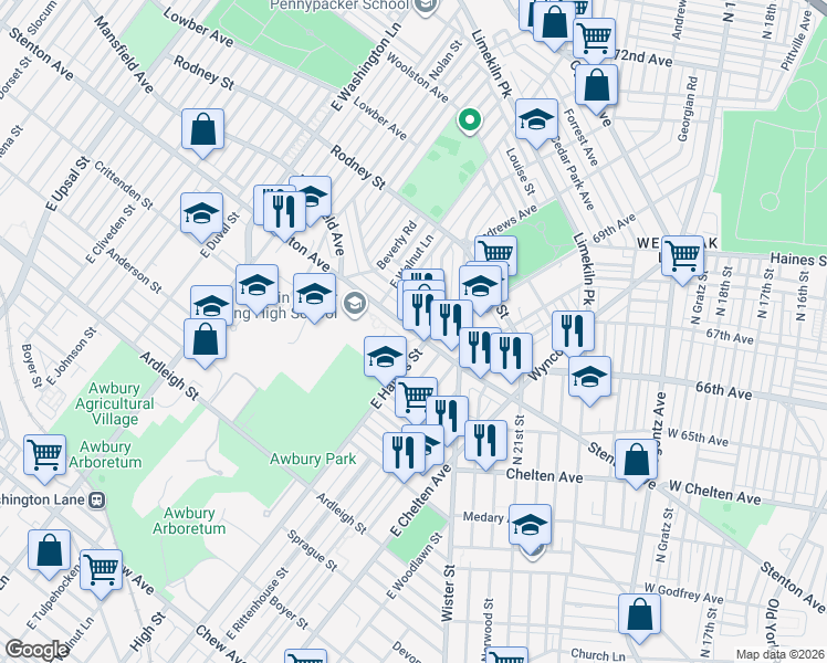 map of restaurants, bars, coffee shops, grocery stores, and more near in Philadelphia