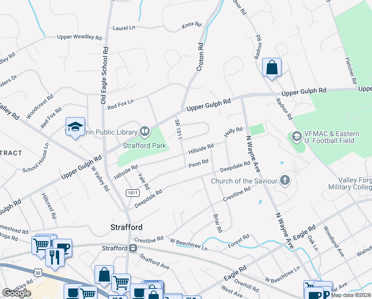 map of restaurants, bars, coffee shops, grocery stores, and more near 120 Hillside Road in Wayne