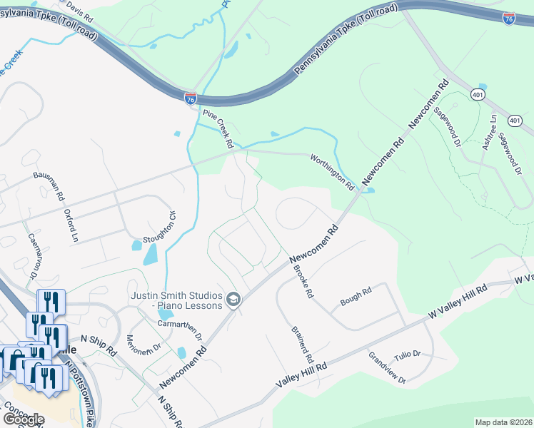 map of restaurants, bars, coffee shops, grocery stores, and more near 110 Timber Springs Lane in Exton