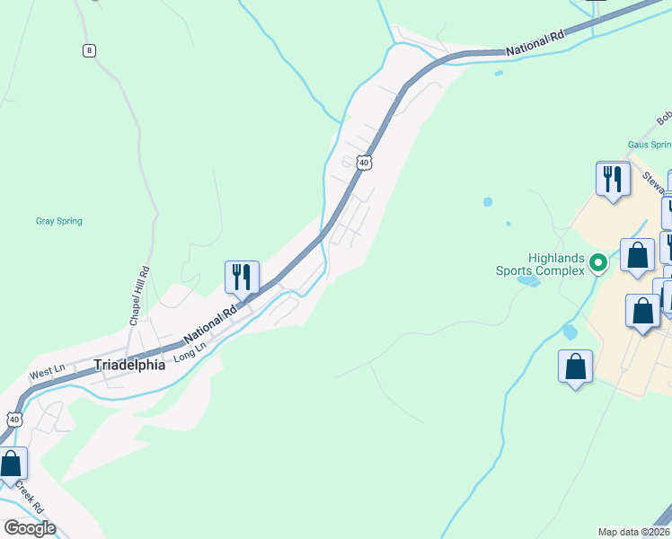 map of restaurants, bars, coffee shops, grocery stores, and more near Med St in Triadelphia