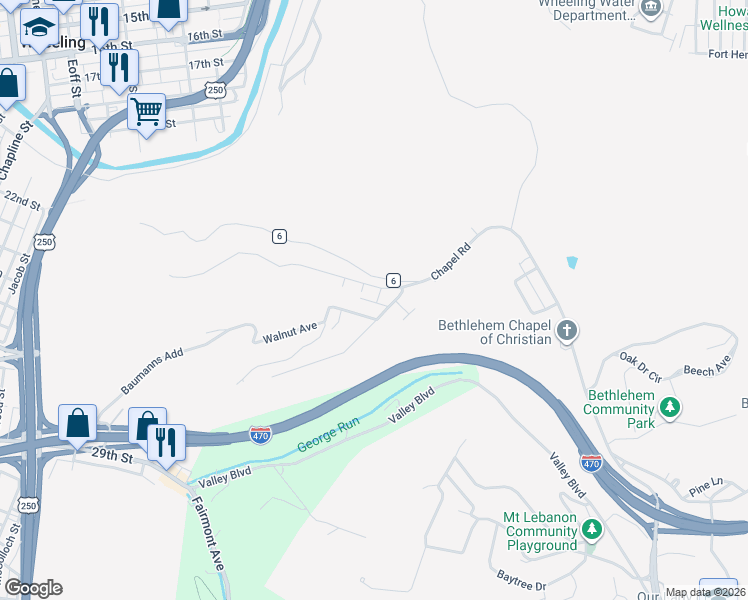 map of restaurants, bars, coffee shops, grocery stores, and more near 13 Highland Ln in Wheeling