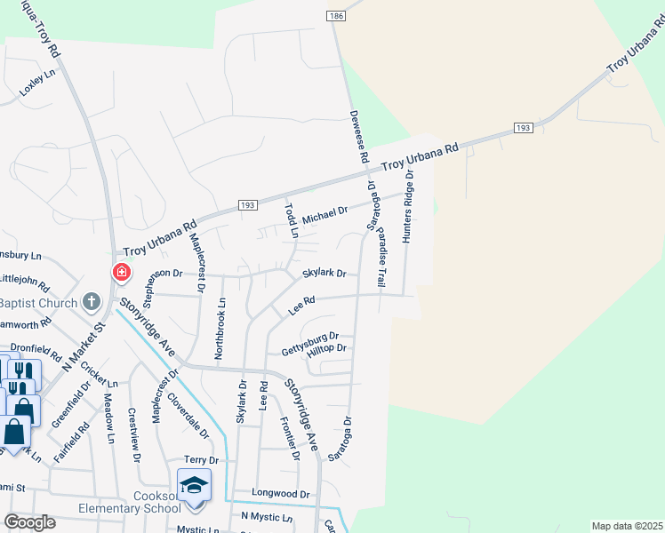 map of restaurants, bars, coffee shops, grocery stores, and more near 1456 Skylark Dr in Troy