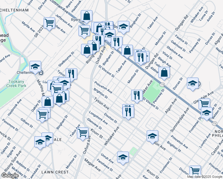 map of restaurants, bars, coffee shops, grocery stores, and more near 7104 Claridge Street in Philadelphia