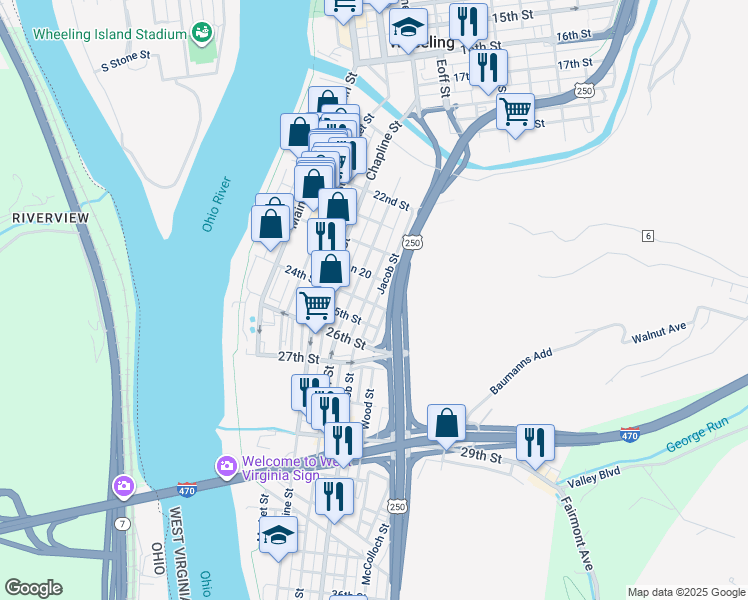 map of restaurants, bars, coffee shops, grocery stores, and more near 73 24th Street in Wheeling