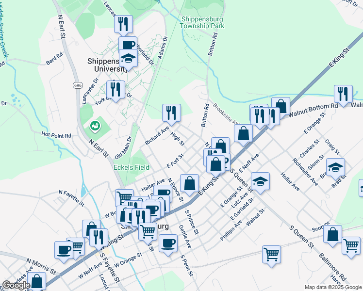 map of restaurants, bars, coffee shops, grocery stores, and more near 204 High Street in Shippensburg