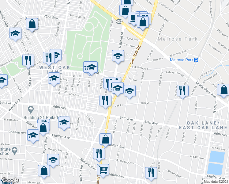 map of restaurants, bars, coffee shops, grocery stores, and more near 6729 North Broad Street in Philadelphia