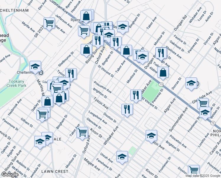 map of restaurants, bars, coffee shops, grocery stores, and more near 7104 Claridge Street in Philadelphia