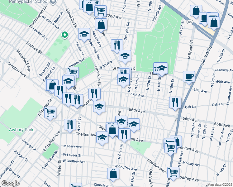 map of restaurants, bars, coffee shops, grocery stores, and more near 6659 North Uber Street in Philadelphia
