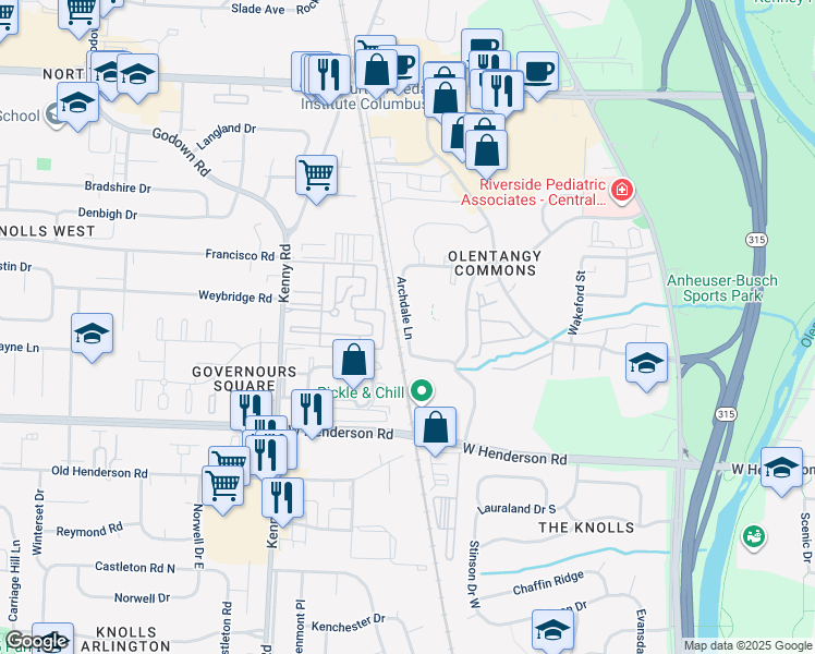 map of restaurants, bars, coffee shops, grocery stores, and more near Archdale Lane in Columbus