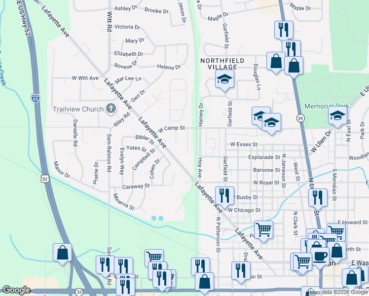 map of restaurants, bars, coffee shops, grocery stores, and more near 1018 Clifford Court in Lebanon