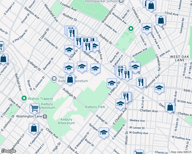 map of restaurants, bars, coffee shops, grocery stores, and more near 6100 Stenton Avenue in Philadelphia