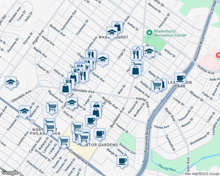 map of restaurants, bars, coffee shops, grocery stores, and more near 2130 Hartel Avenue in Philadelphia