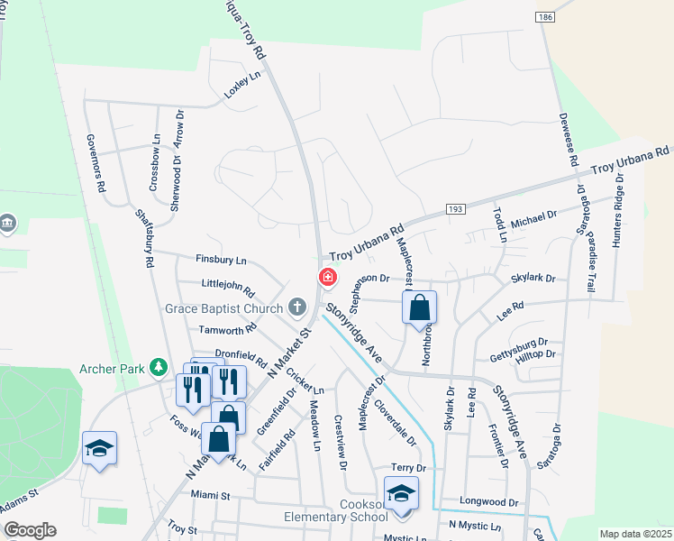 map of restaurants, bars, coffee shops, grocery stores, and more near 880 Troy Urbana Road in Troy
