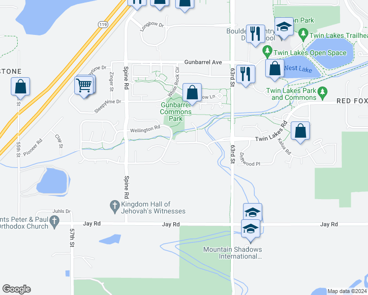 map of restaurants, bars, coffee shops, grocery stores, and more near 6106 Old Brompton Road in Boulder