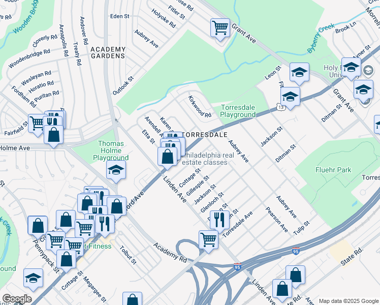 map of restaurants, bars, coffee shops, grocery stores, and more near 9309 Frankford Avenue in Philadelphia