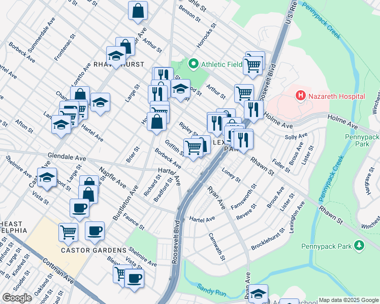 map of restaurants, bars, coffee shops, grocery stores, and more near 7833 Bradford Street in Philadelphia