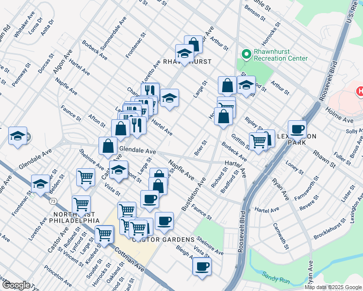 map of restaurants, bars, coffee shops, grocery stores, and more near 2130 Hartel Avenue in Philadelphia