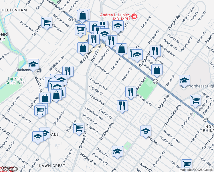 map of restaurants, bars, coffee shops, grocery stores, and more near 7107 Claridge Street in Philadelphia