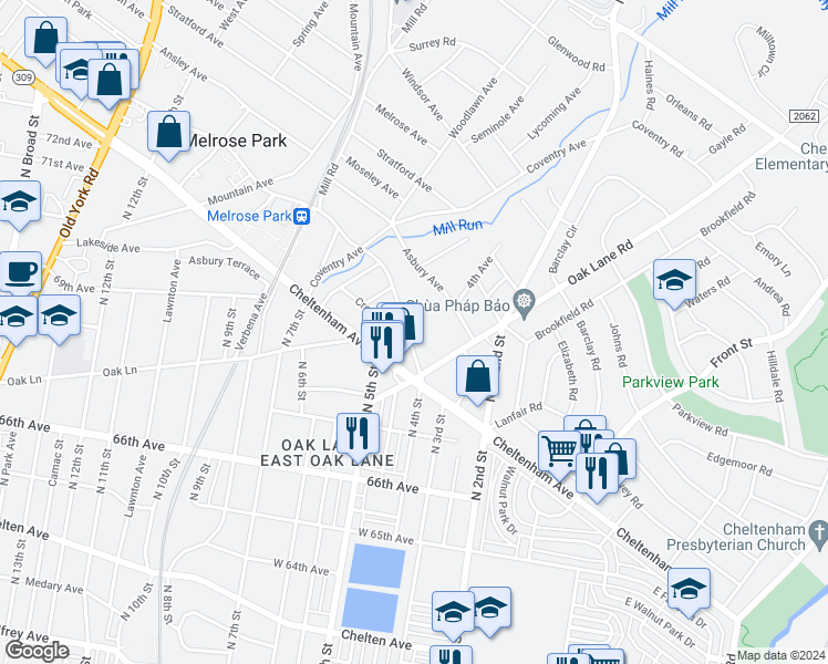 map of restaurants, bars, coffee shops, grocery stores, and more near 423 Valley Road in Melrose Park