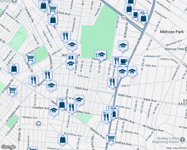 map of restaurants, bars, coffee shops, grocery stores, and more near 6710 North Smedley Street in Philadelphia